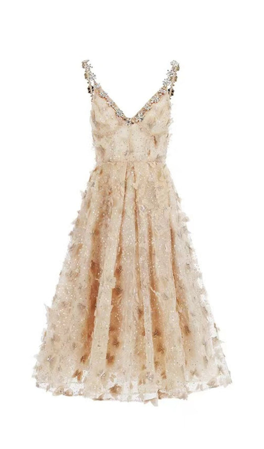 ROBE MIDI STÉRÉOSCOPIQUE EN MAILLE À SEQUINS PAPILLON EN CHAMPAGNE