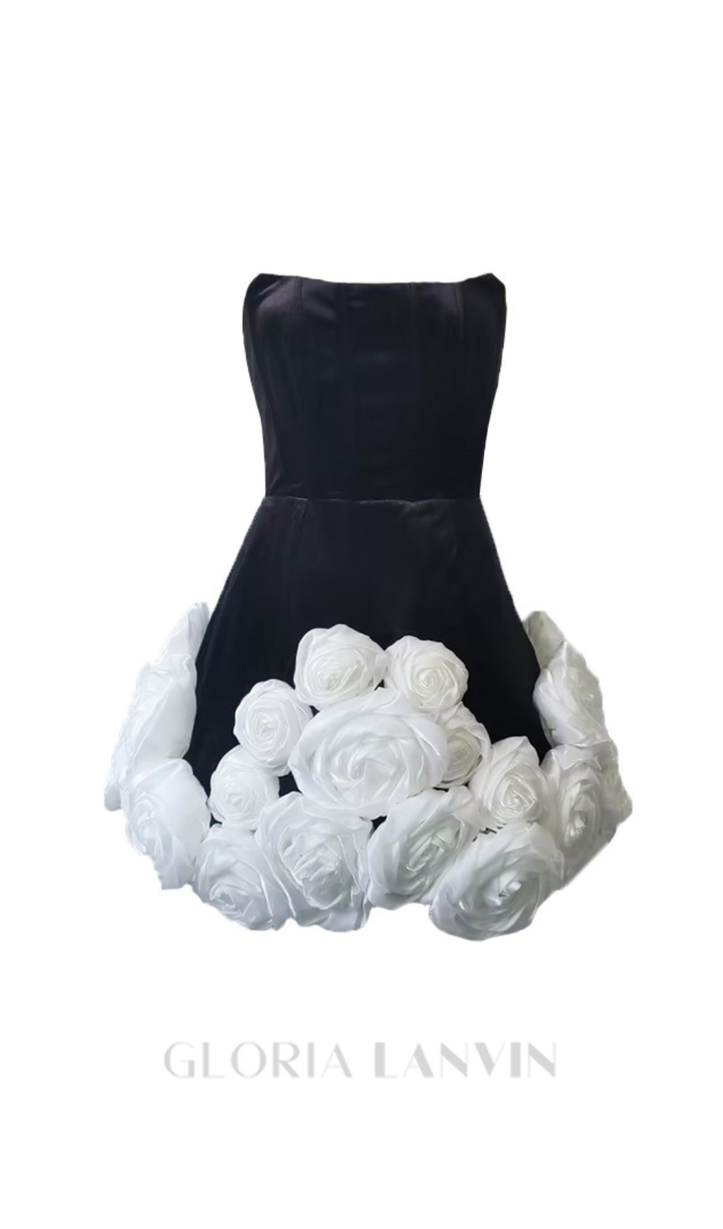 flower-embellished-hem black strapless mini dress
