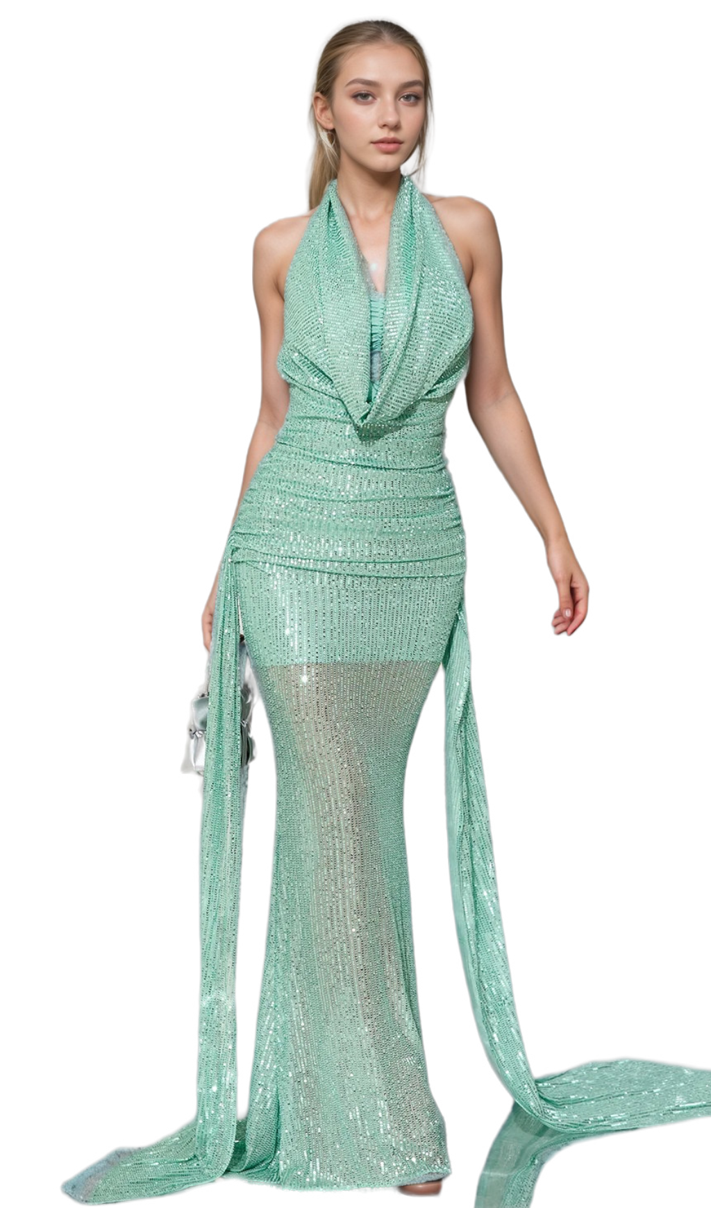 Agatha Pailletten-Maxikleid mit Wasserfallausschnitt und rückenfreiem Schnitt in Grün