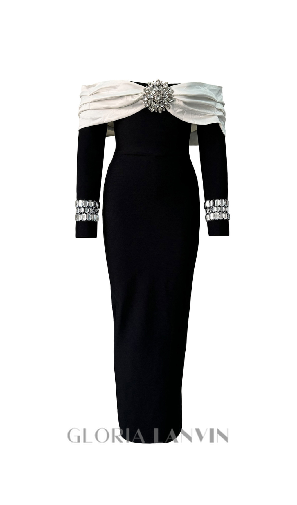 robe longue noire à décolleté dos nu et bandage diamant