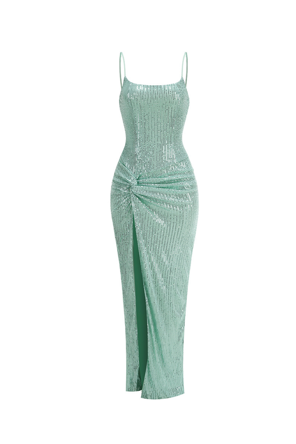 Robe longue à sequins froncée et fente haute verte