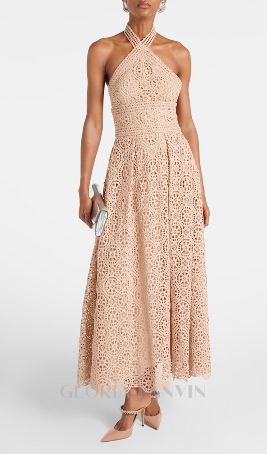 Robe midi dos nu en coton mélangé macramé couleur nude
