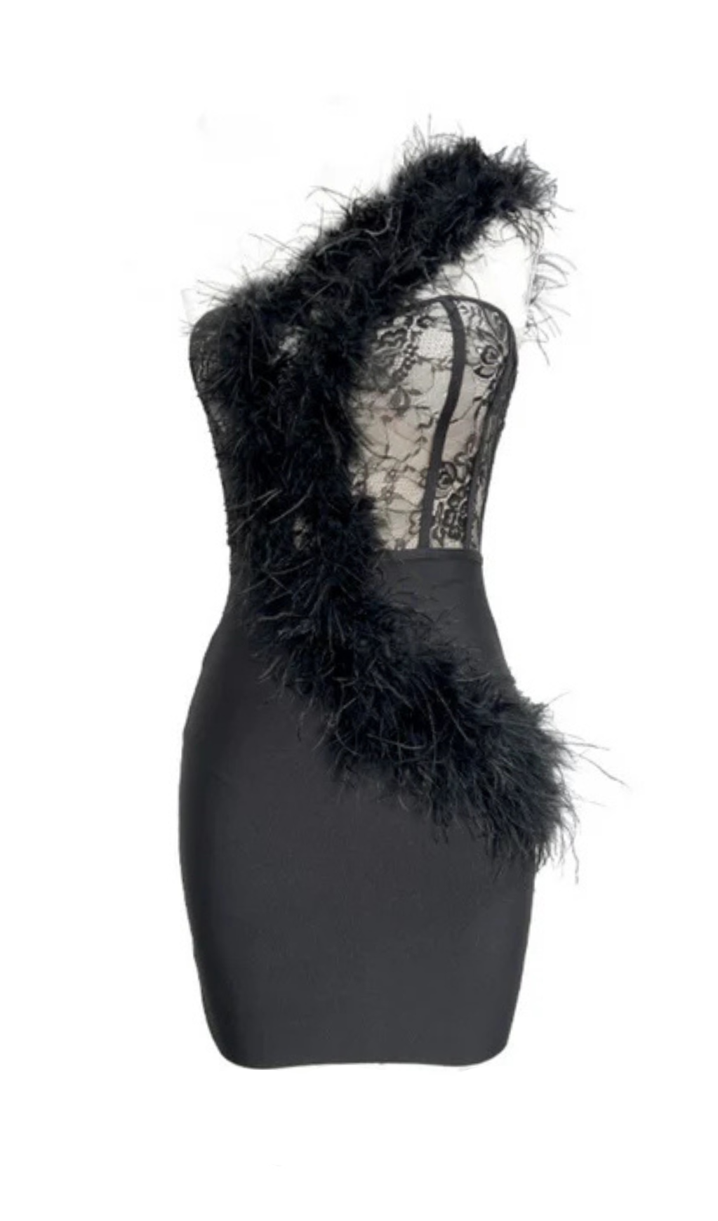 Robe mini asymétrique à plumes et bandage