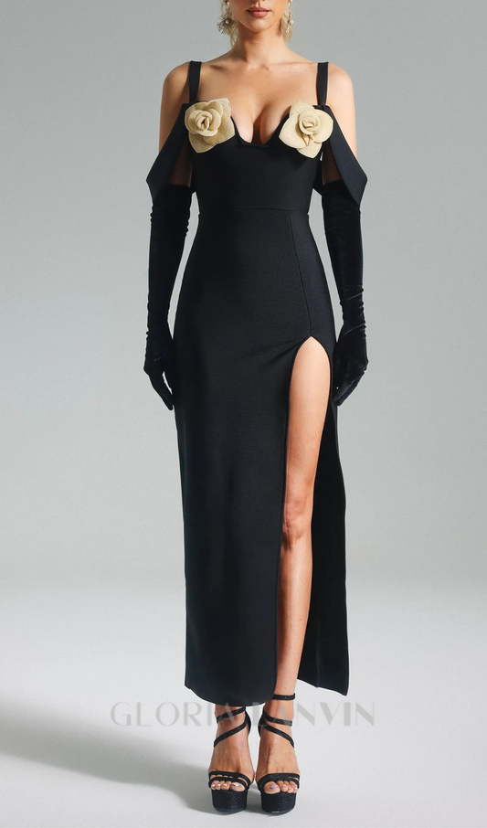 FLOWERS EMBELLISHED MIDI BANDAGE DRESS