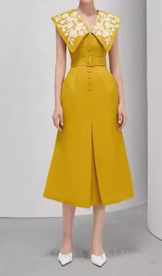 V NECK SLEEVELESS FLOWER HOOK SLIT DRESS