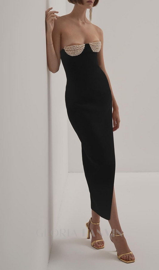 PEARL EMBELLISHED OFF-SHOULDER HIGH SPLIT DRESS