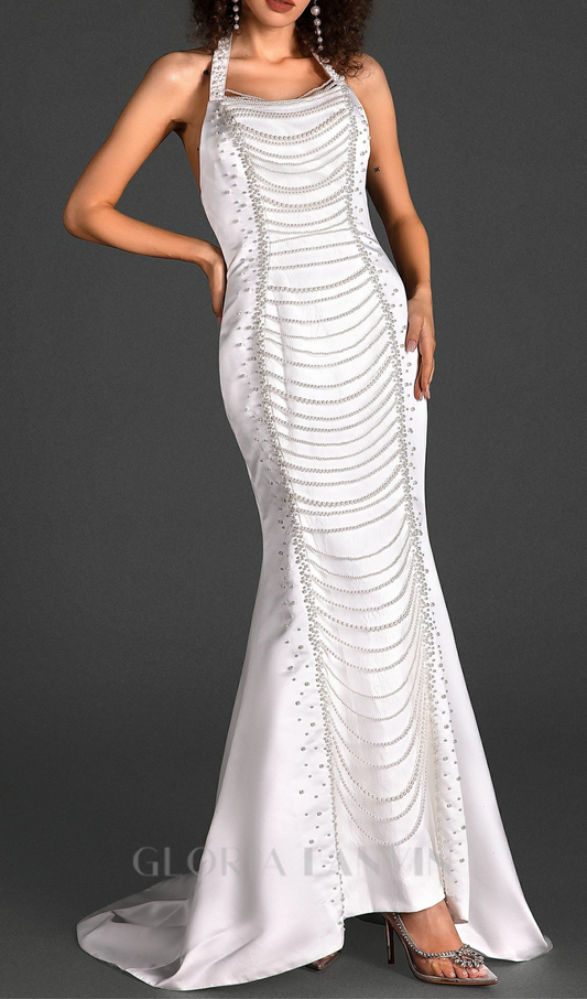 HALTER SATIN PEARL MERMAID DRESS