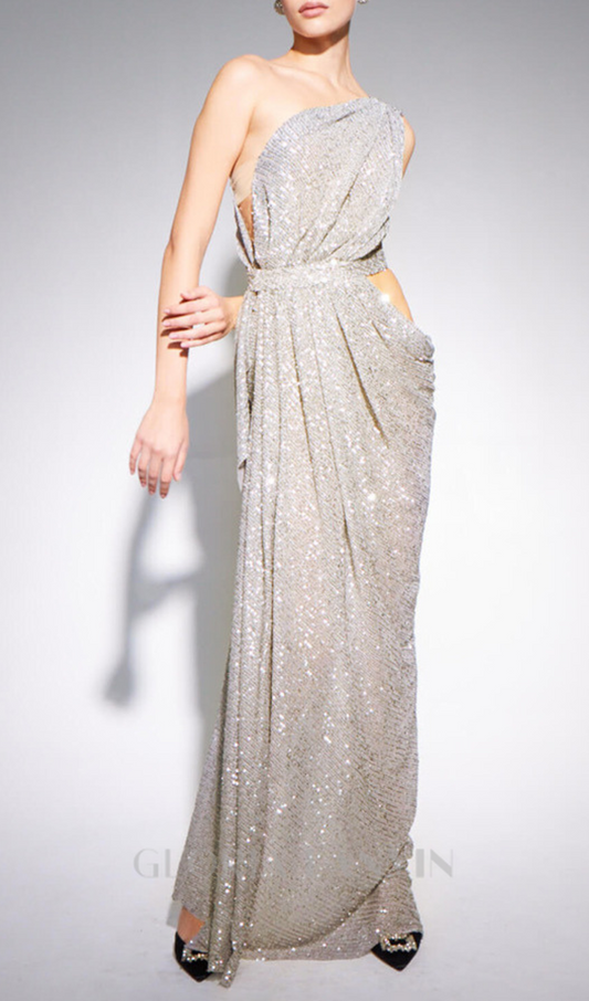ONE-SHOULDER-MAXIKLEID MIT PAILLETTEN UND CUT-OUT-SPLIT