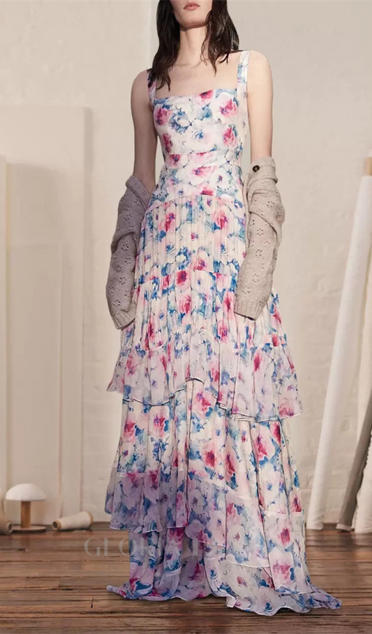 Maxikleid mit floralem Rüschenbesatz in Rosa