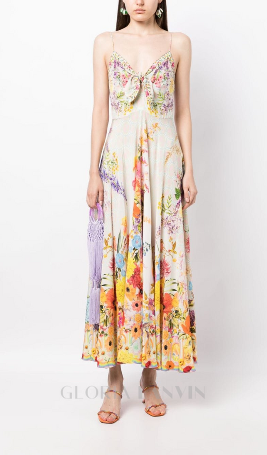 BOW FLORAL-PRINT SILK MIDI DRESS