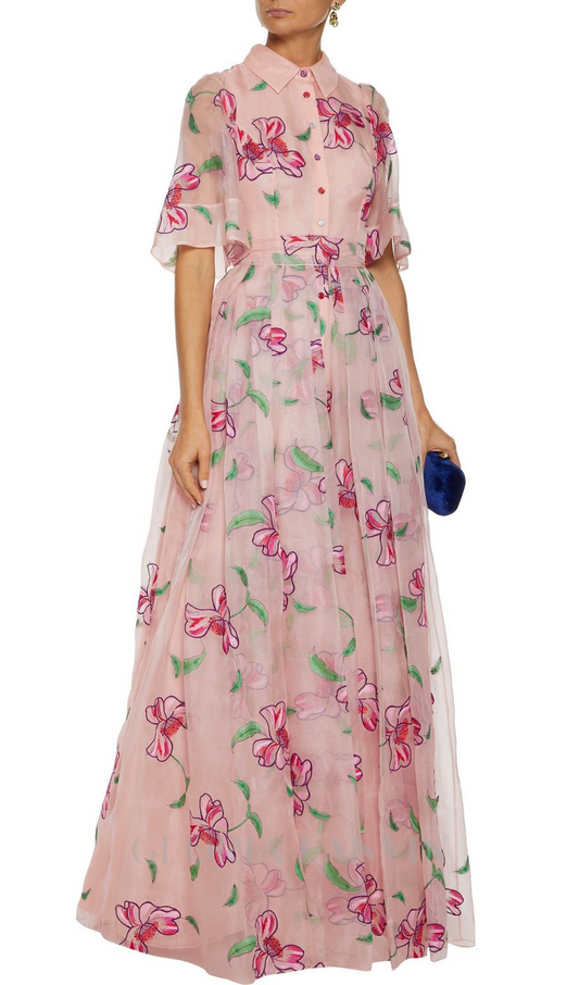 TIE-BACK EMBROIDERED SILK-ORGANZA GOWN