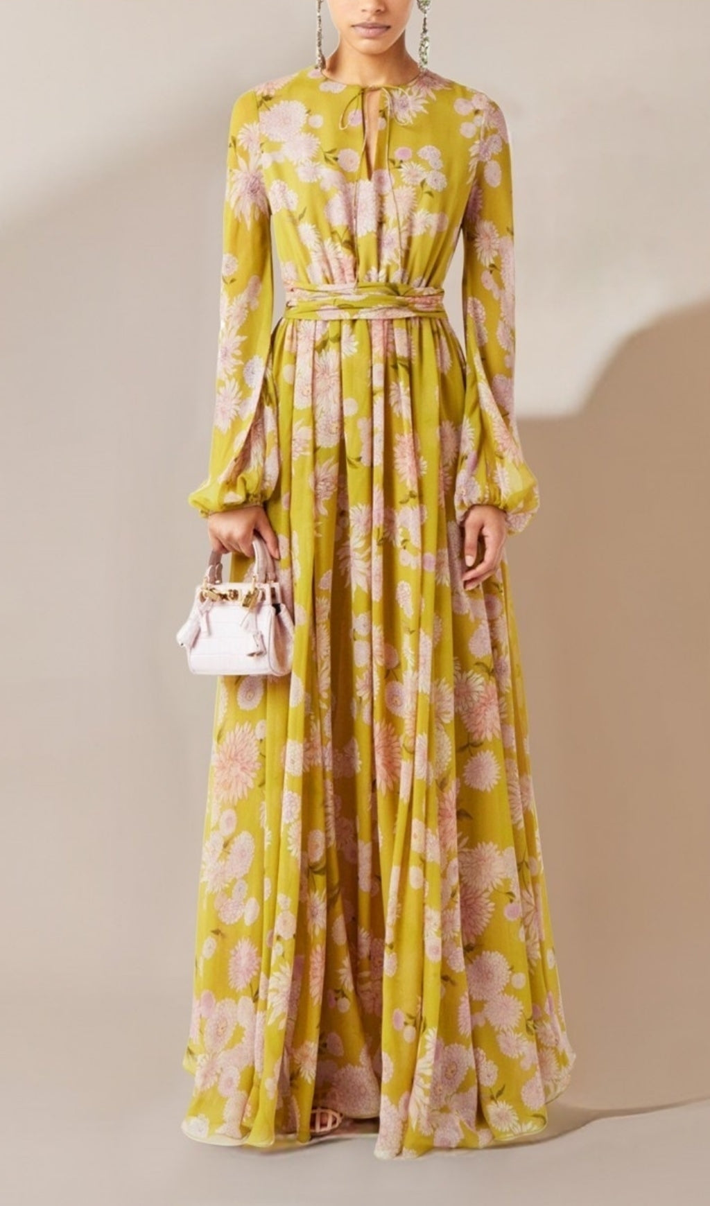FLORAL SILK GEORGETTE MAXI DRESS IN YELLOW