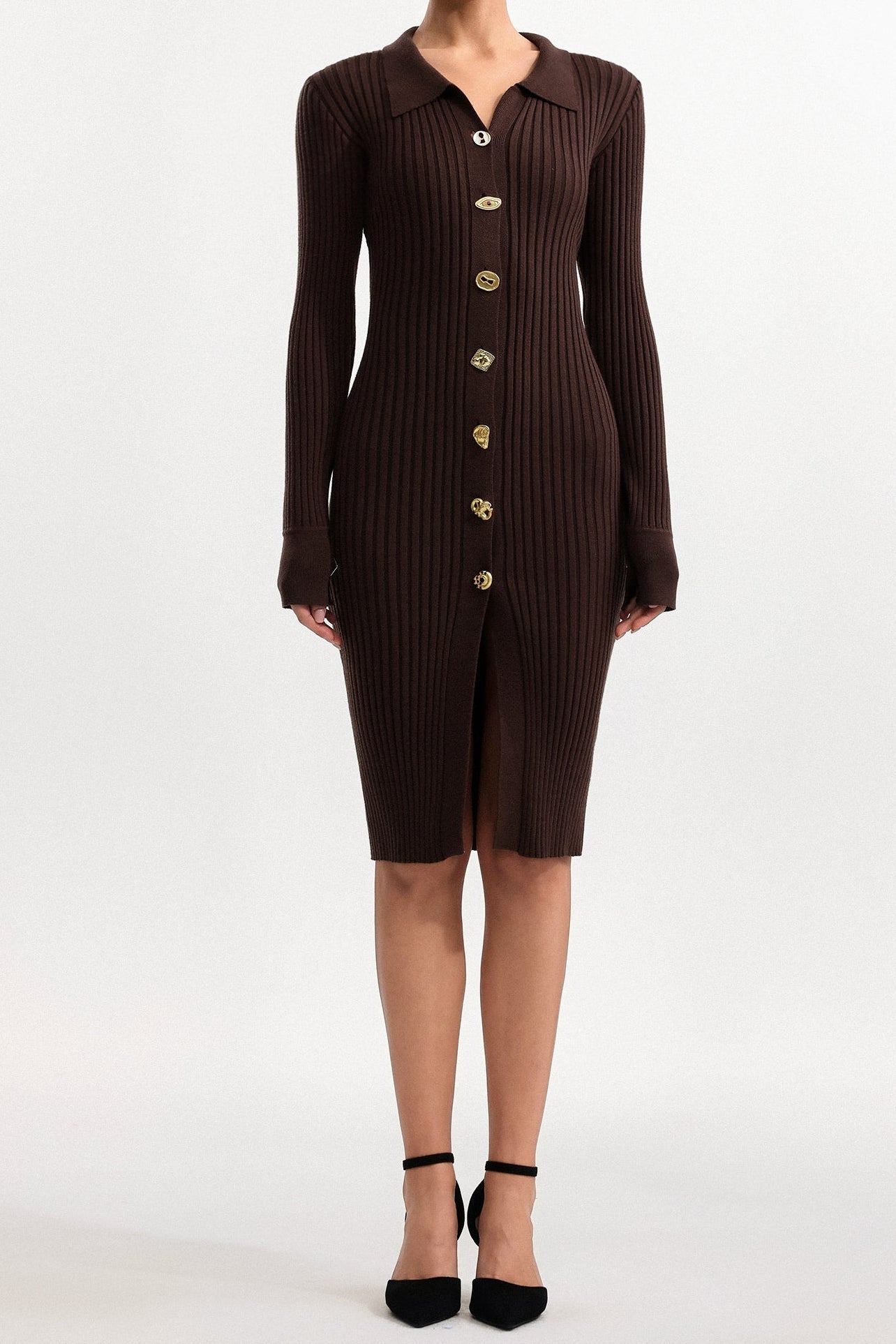 xaviera Contour V Neck Long Sleeve Knit Mini Dress