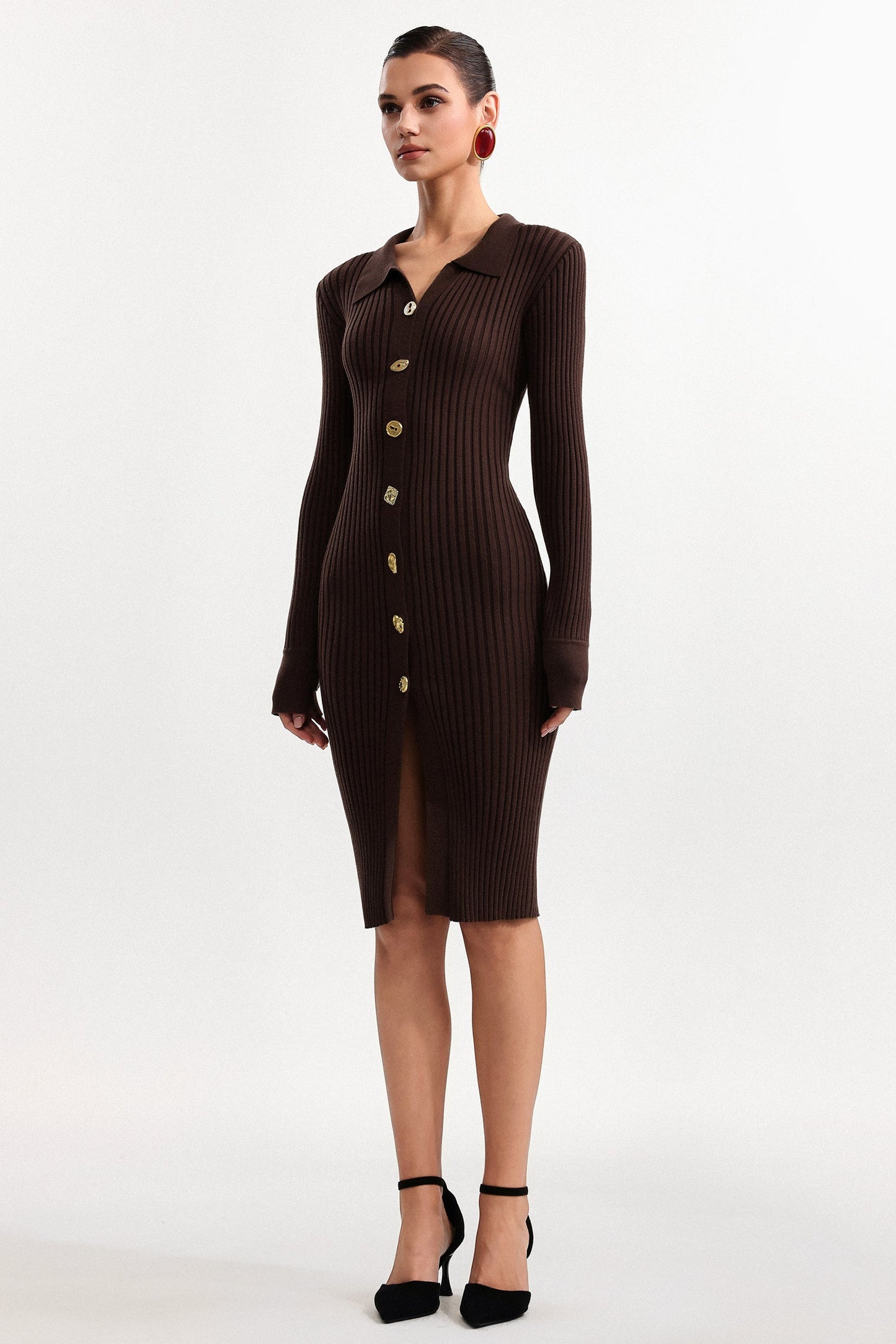 xaviera Contour V Neck Long Sleeve Knit Mini Dress