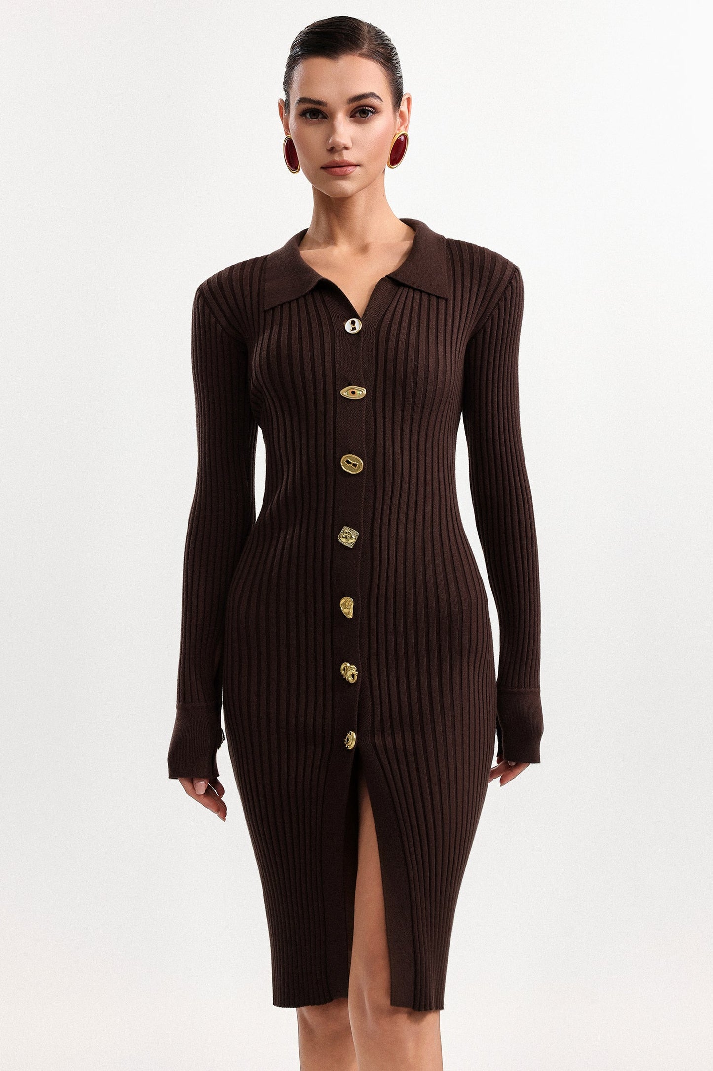 xaviera Contour V Neck Long Sleeve Knit Mini Dress
