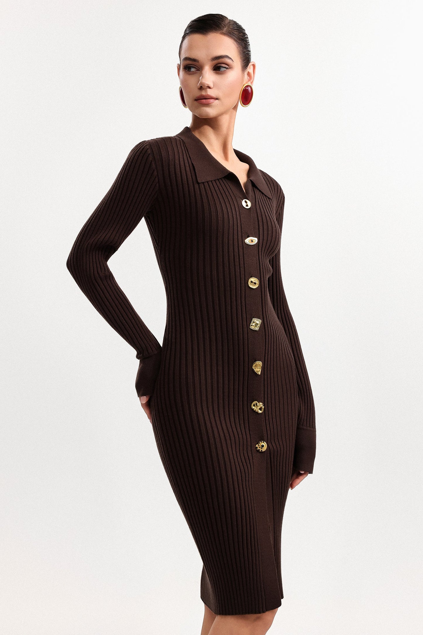 xaviera Contour V Neck Long Sleeve Knit Mini Dress