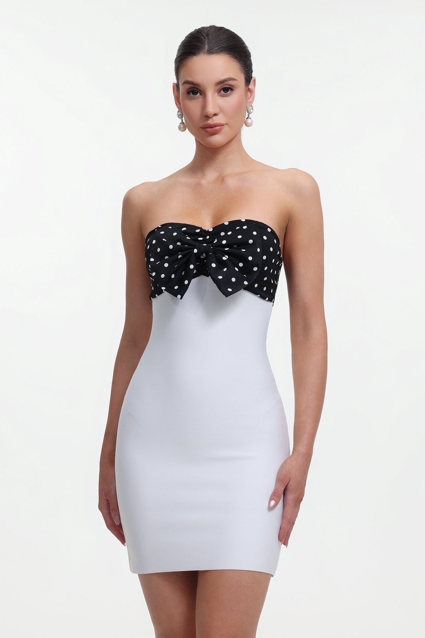 michaelia white Contour Sleeveless Polka Dot Contrast bow Bandage Mini Dress