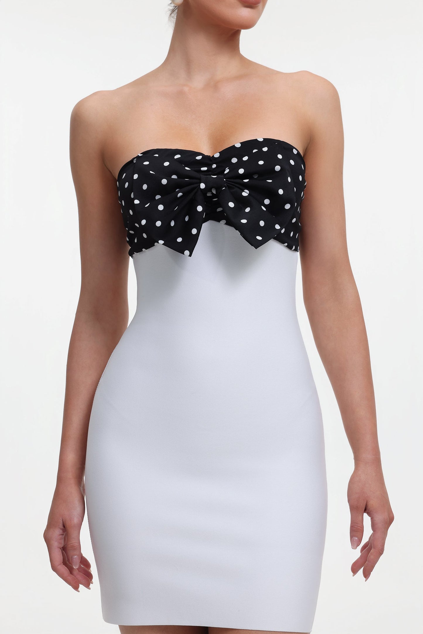michaelia white Contour Sleeveless Polka Dot Contrast bow Bandage Mini Dress