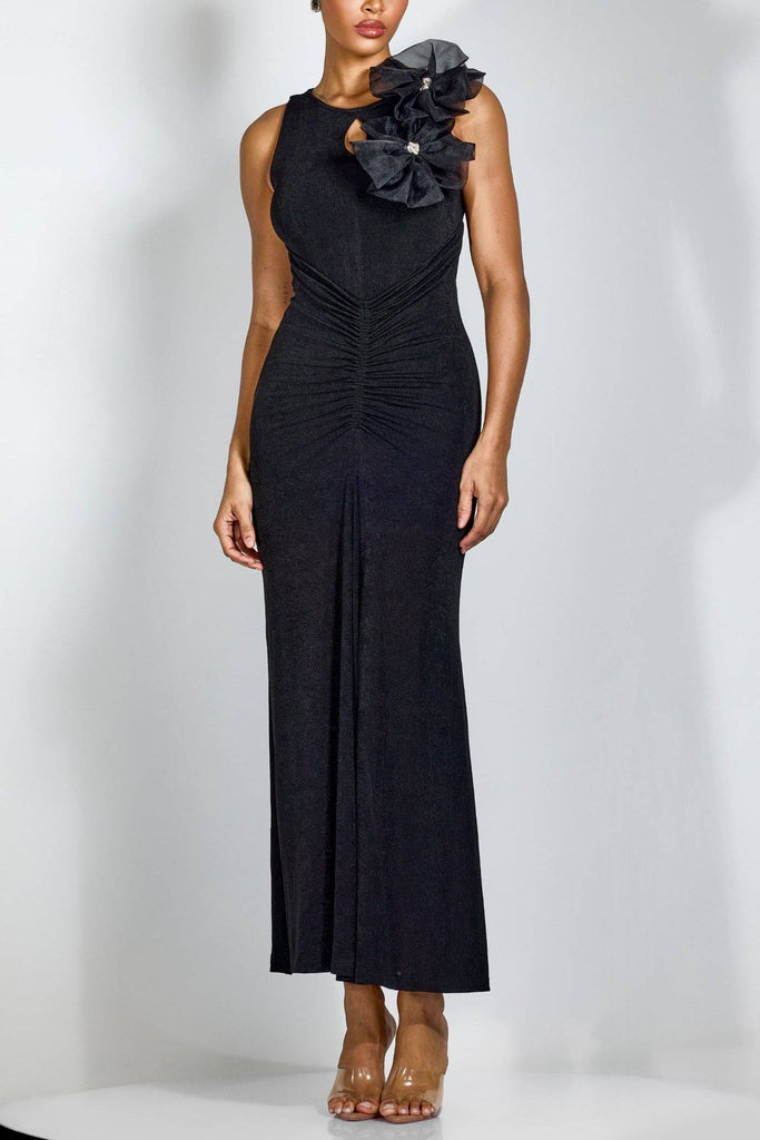 nicola Flower bow pleated bodycon maxi dress in black