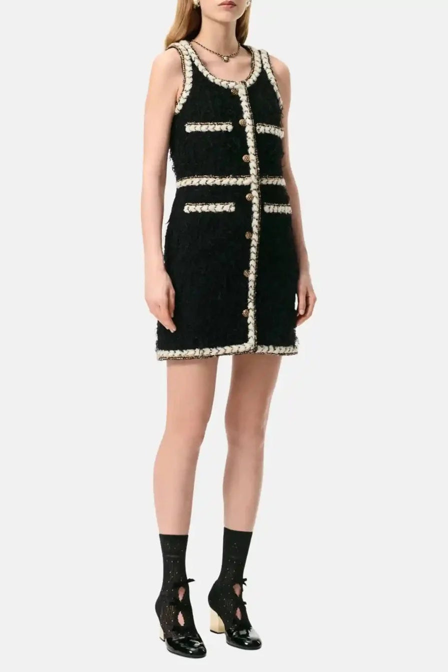 Wool Tweed sleeveless Short Dress in black