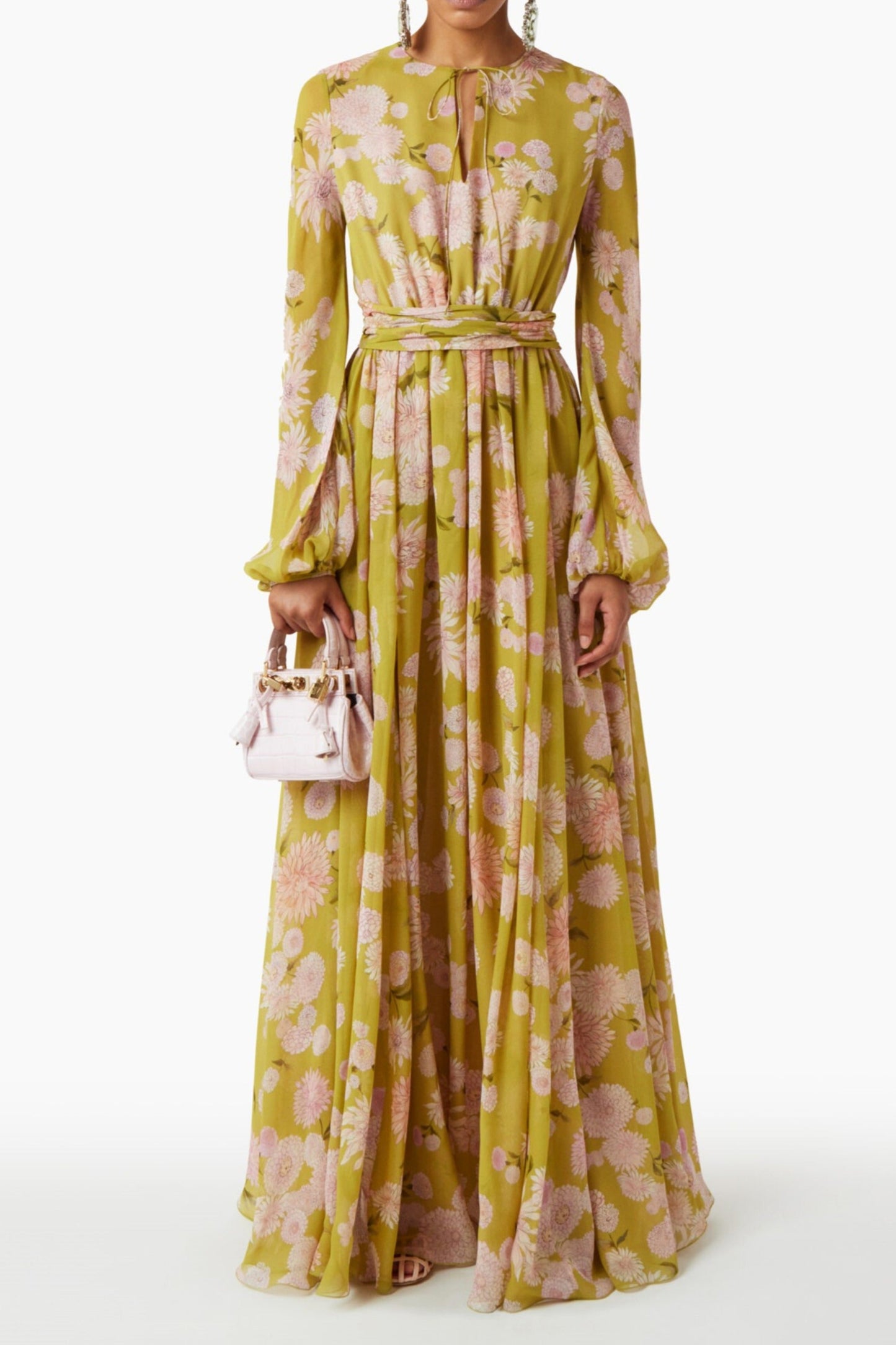 FLORAL SILK GEORGETTE MAXI DRESS IN YELLOW