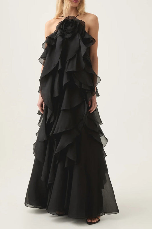 Off-Shoulder Ruffle Layered Maxi Dress In Black