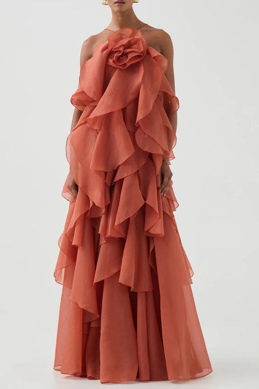 Off-Shoulder Ruffle Layered Maxi Dress In Coral Clay