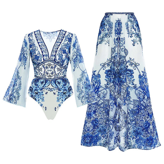 Blue and White Porcelain Long Sleeve One Piece Swimsuit and Skirt (Shipped on Jul 10th)