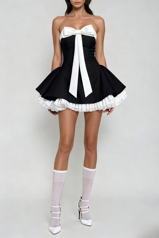 Arafa Minikleid mit Schleife, Rüschen und trägerlosem Spitzenbesatz