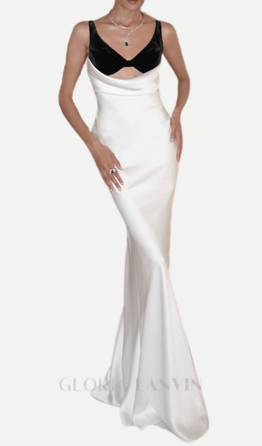 Samt-Maxikleid mit Bustier in Schwarz und Weiß