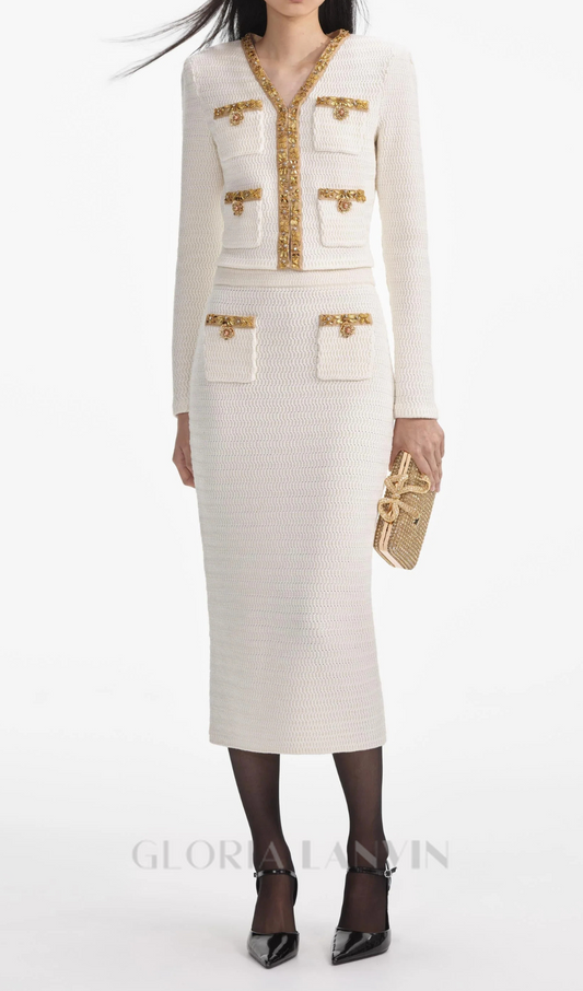 cremefarbener Midirock aus Lurex-Strick