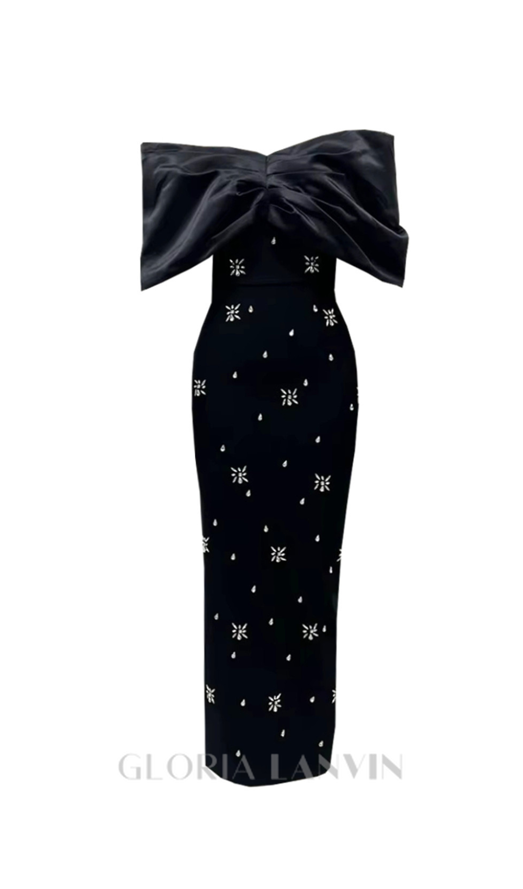 Robe longue noire drapée à ourlet bardot et détails en cristal