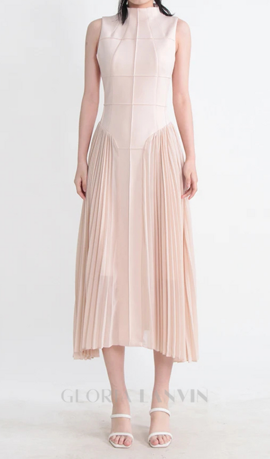 Robe midi sans manches en maille plissée couleur abricot