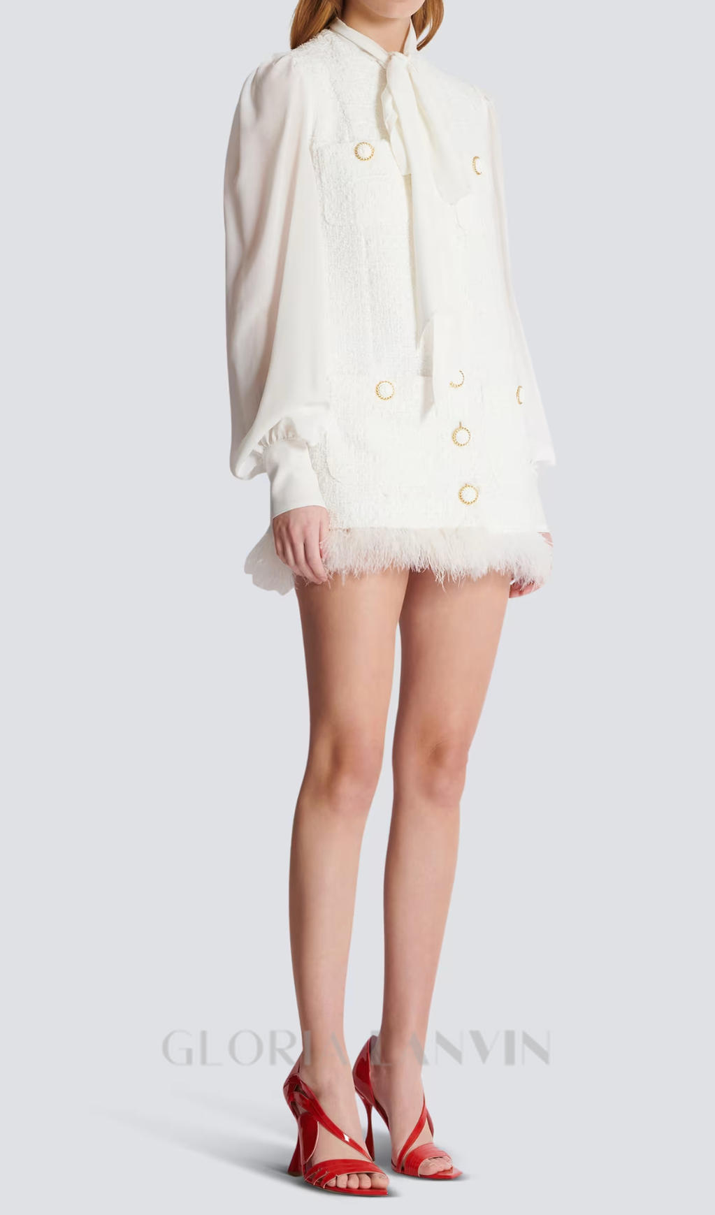 Weißes Tweed-Minikleid mit Schleifenkragen