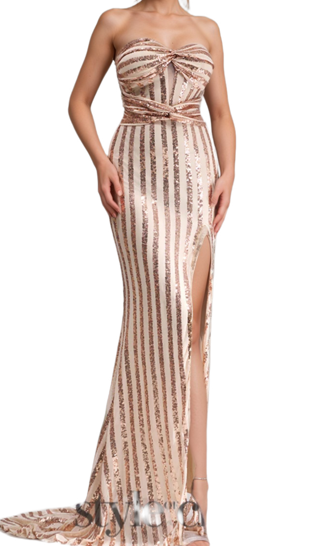 Robe longue sirène abricot sans bretelles à sequins fendue