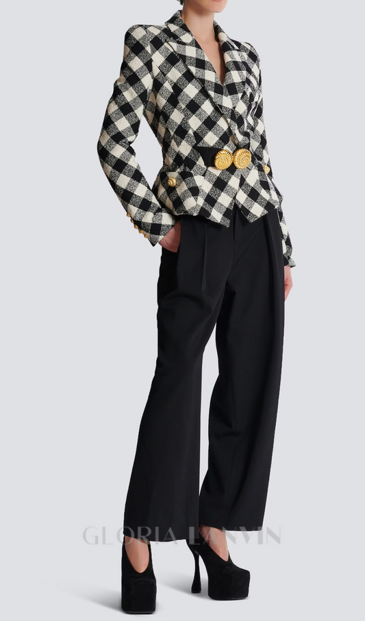 Gingham-Tweedjacke mit Gürtel und zwei Snail-Knöpfen