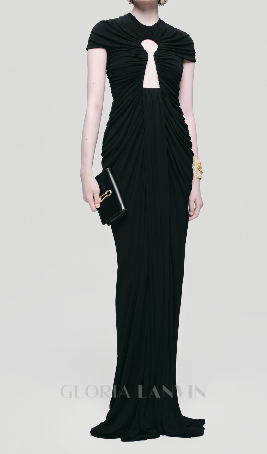 BRIANNA DRAPIERTES, SCHWARZES BODYCON-KLEID MIT SCHLÜSSELHOCHAUSSCHNITT