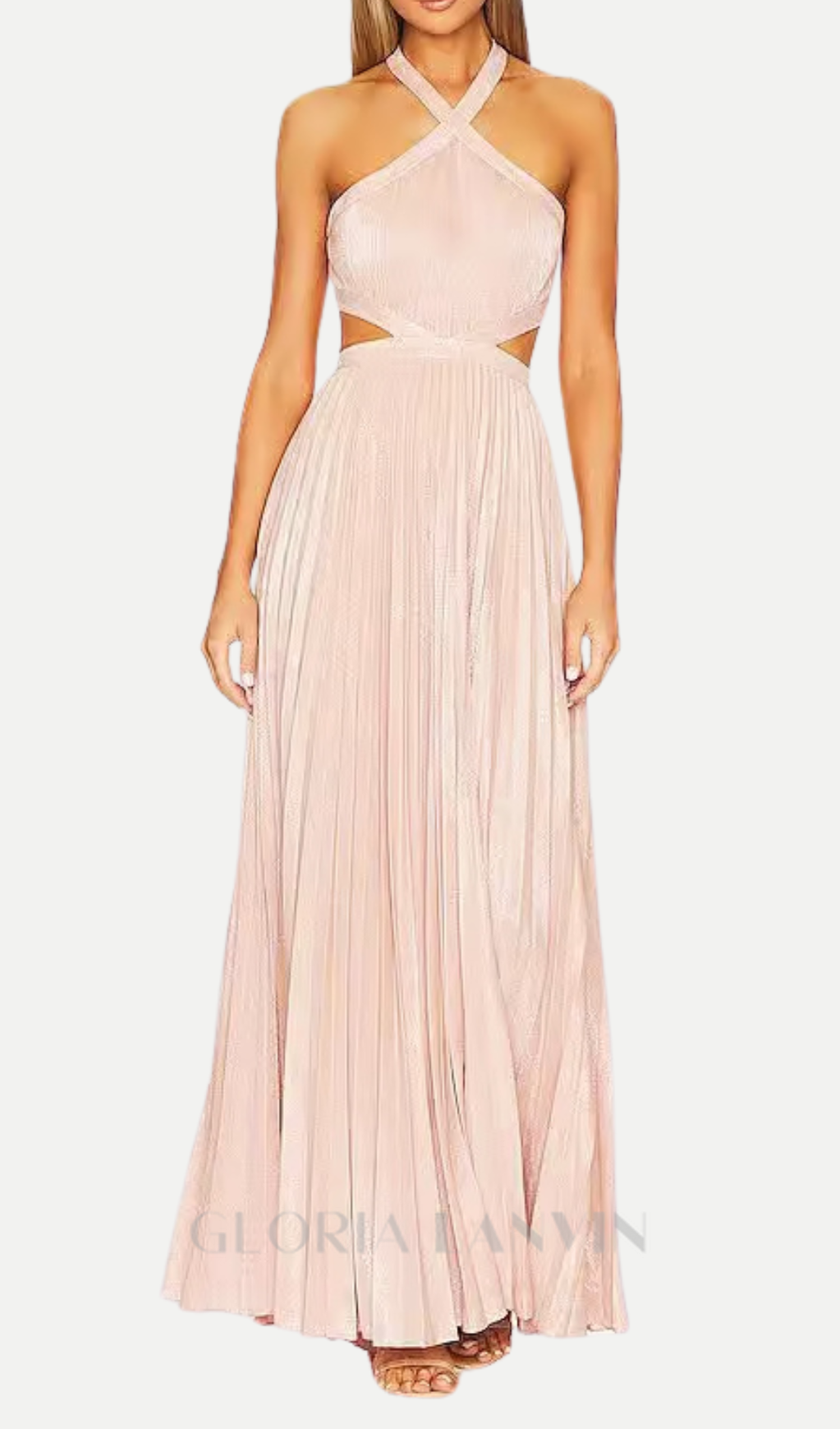 nancy halter cutout pleated gown in pale pink
