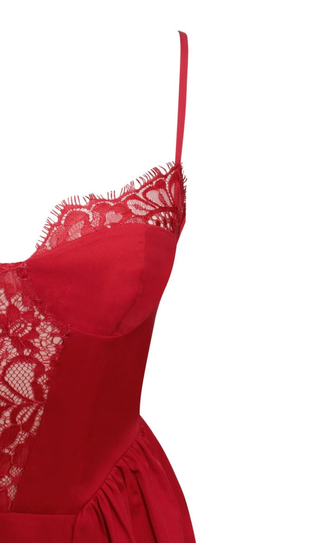 ROTES MIDIKLEID MIT SPITZENBESATZ