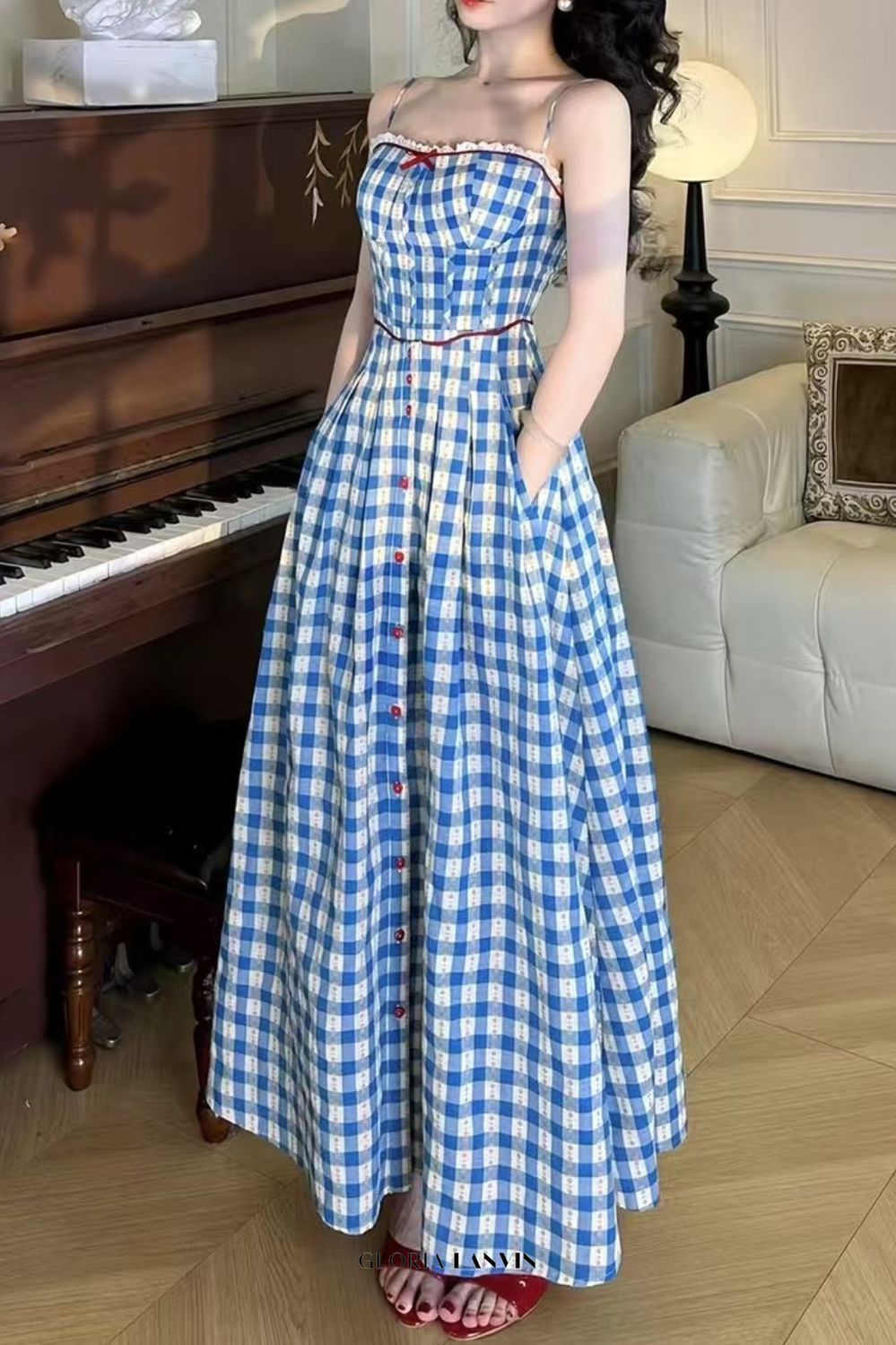 Robe longue à bretelles à carreaux Virginia bleue