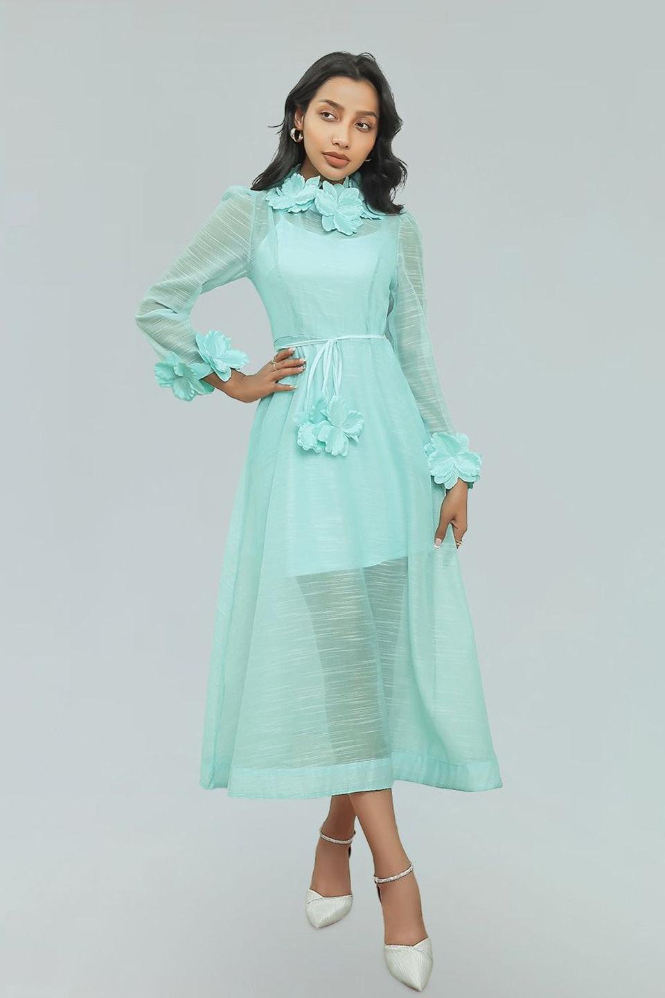 Robe midi en dentelle ornée de fleurs Vicky, couleur verte