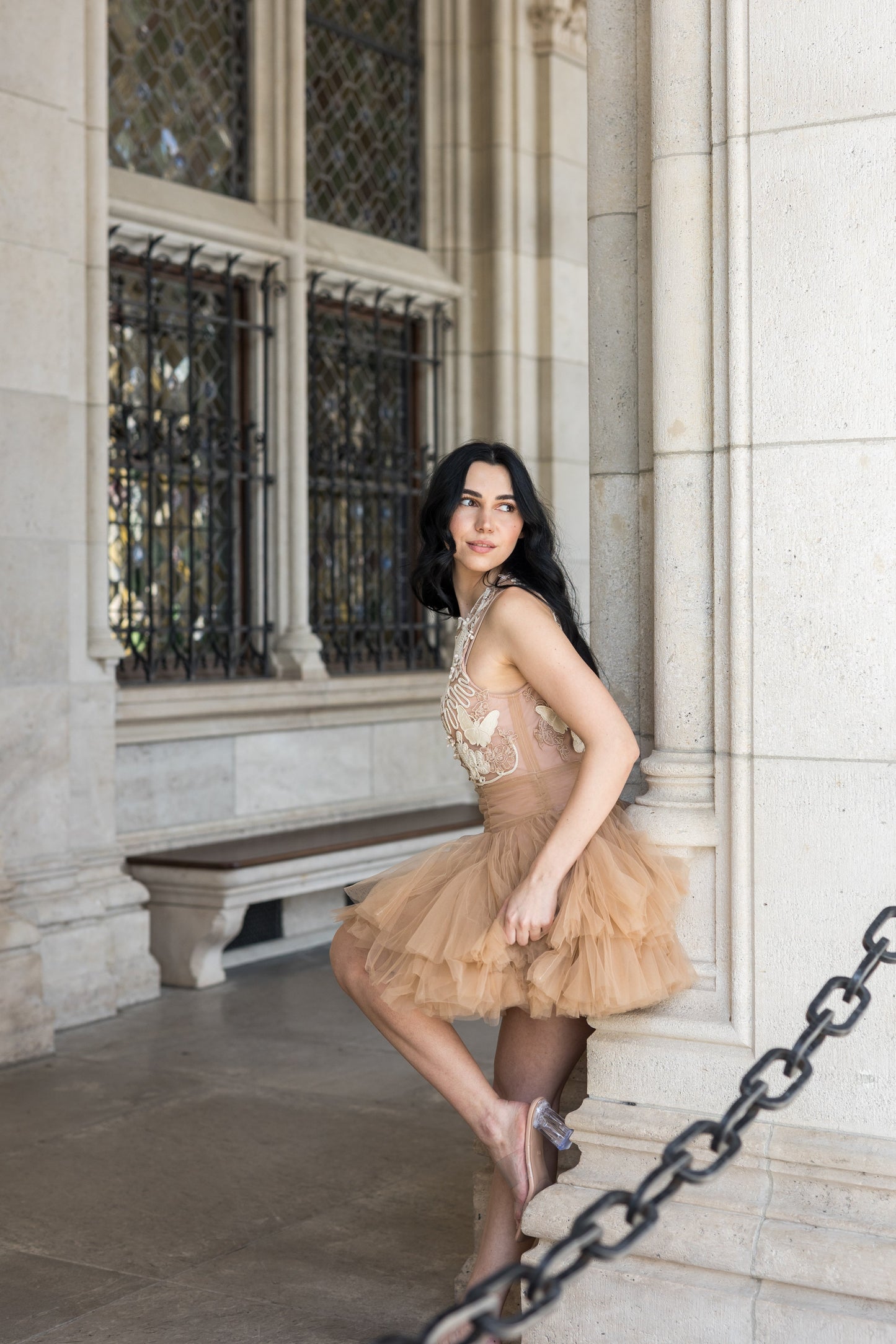 Ballerina | Beiges Tüll-Minikleid mit 3D-Applikation