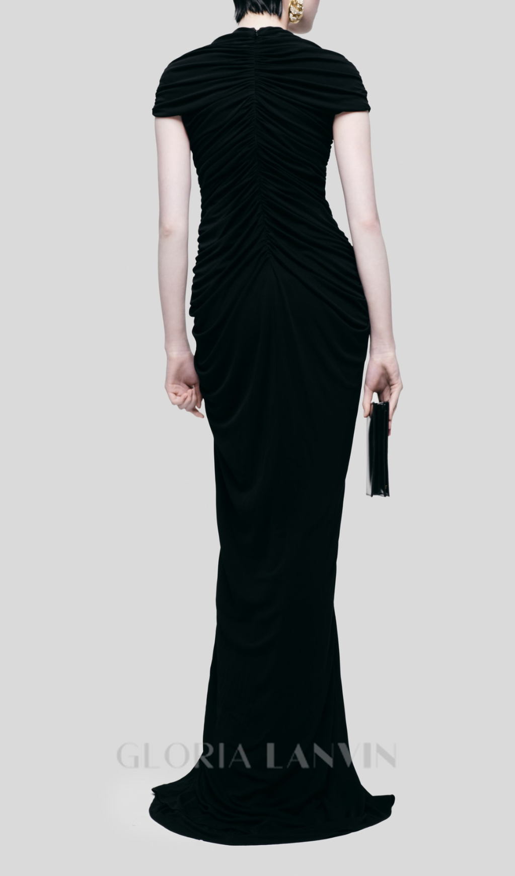 BRIANNA DRAPIERTES, SCHWARZES BODYCON-KLEID MIT SCHLÜSSELHOCHAUSSCHNITT