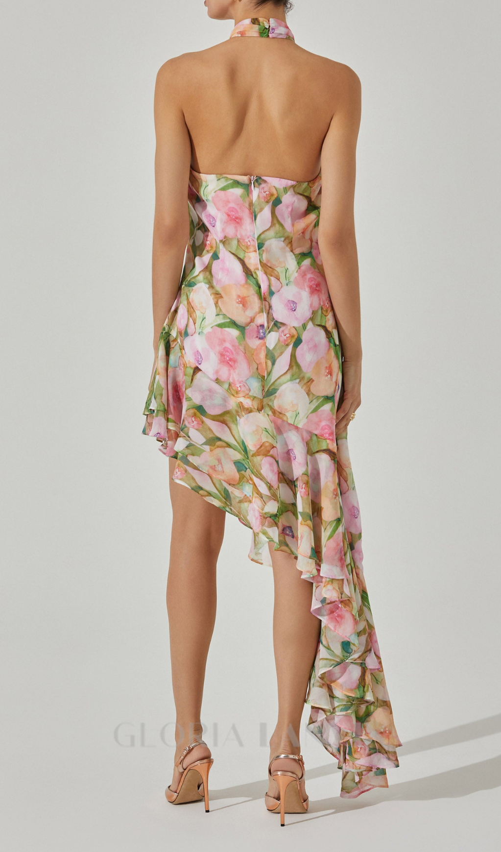 Robe midi asymétrique à fleurs rose et verte Sabina