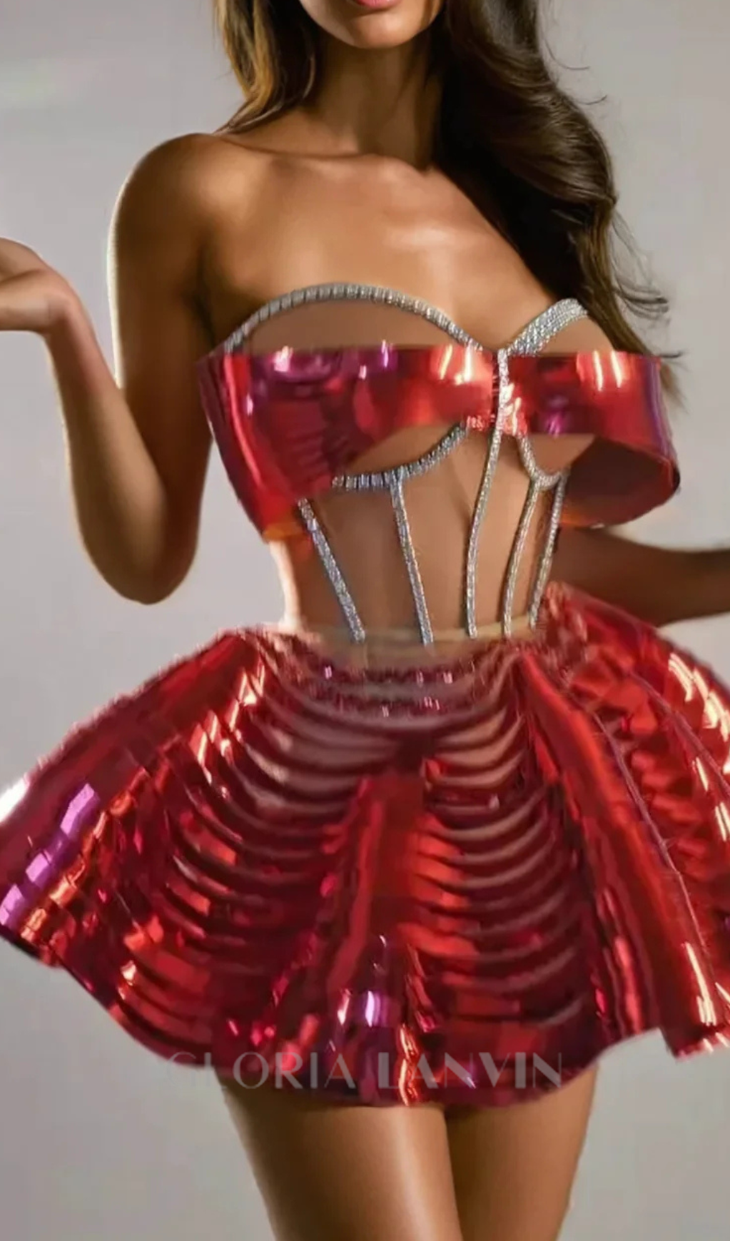Ensemble jupe et jupe métallisée à cristaux rouges