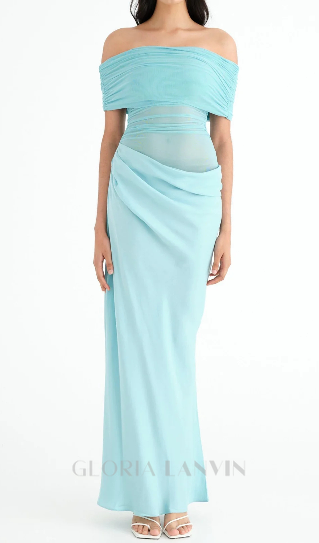 Robe longue en maille froncée à épaules dénudées bleue