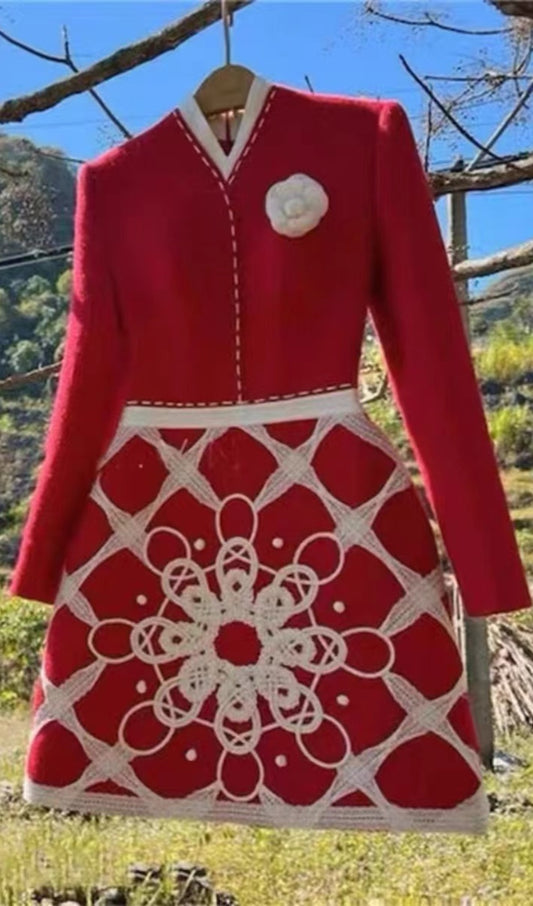 STAND COLLAR LONG SLEEVE HIGH WAIST PATCHWORK EMBROIDERY MINI DRESS