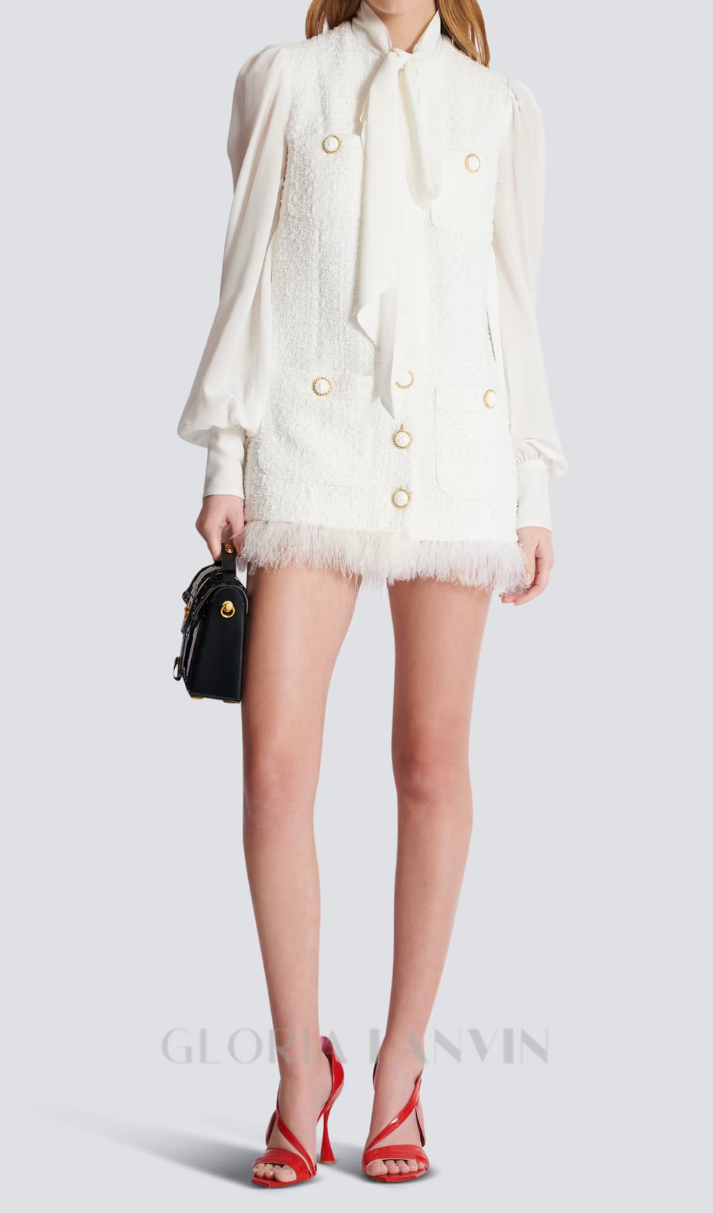 Weißes Tweed-Minikleid mit Schleifenkragen