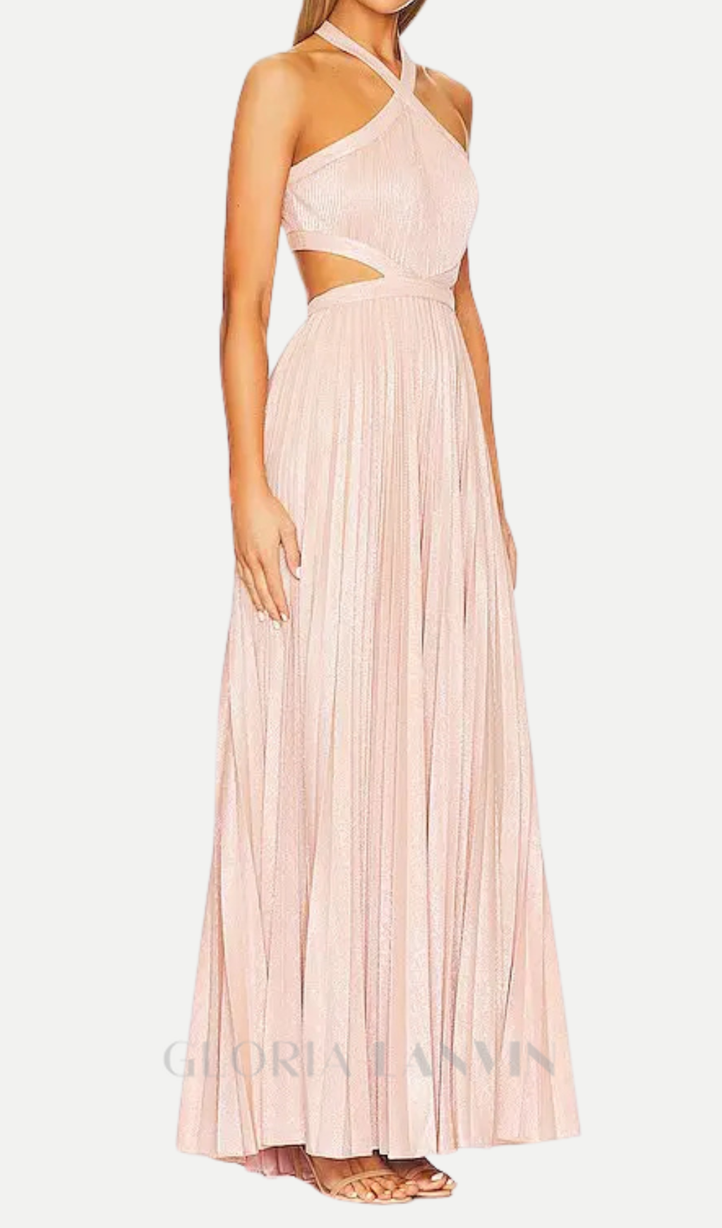 nancy halter cutout pleated gown in pale pink