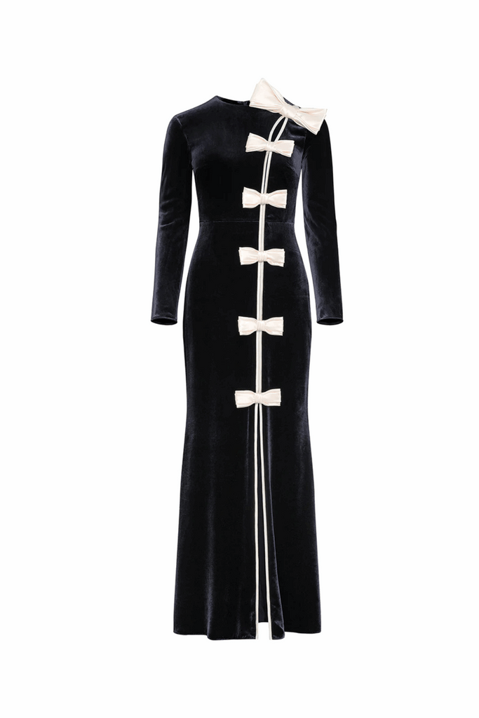 victoria Bow Cascade Velvet Maxi Dress in black